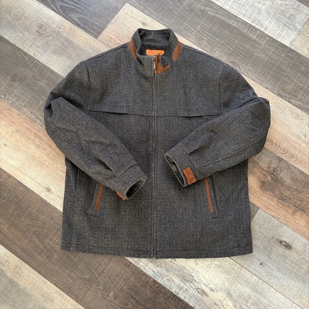ENZO Men’s Wool Blend Zip Jacket Gray Brown Trim Size 2XL
